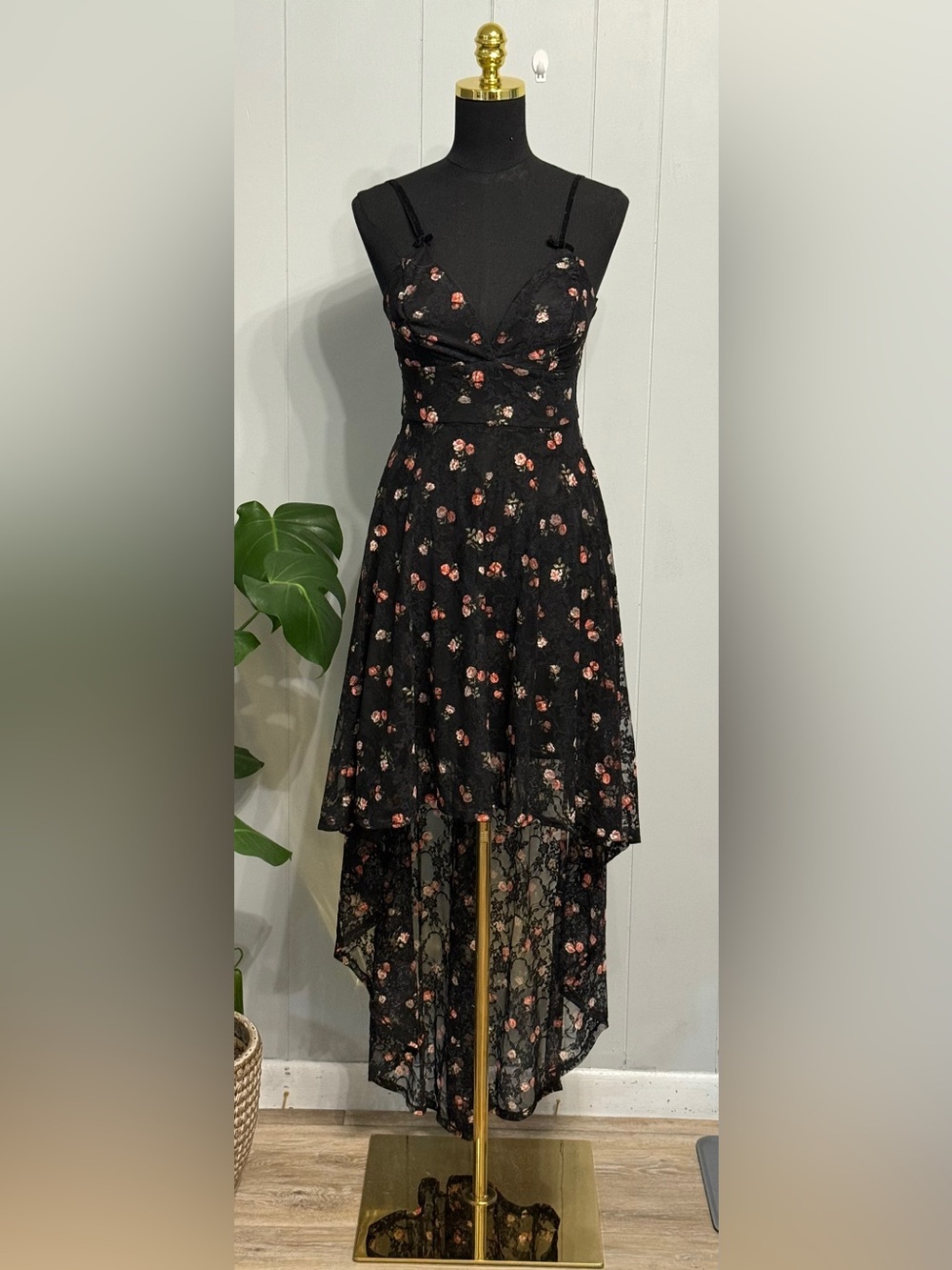Gorgeous Disney Black Floral High-Low Slip Dress with Pink Roses